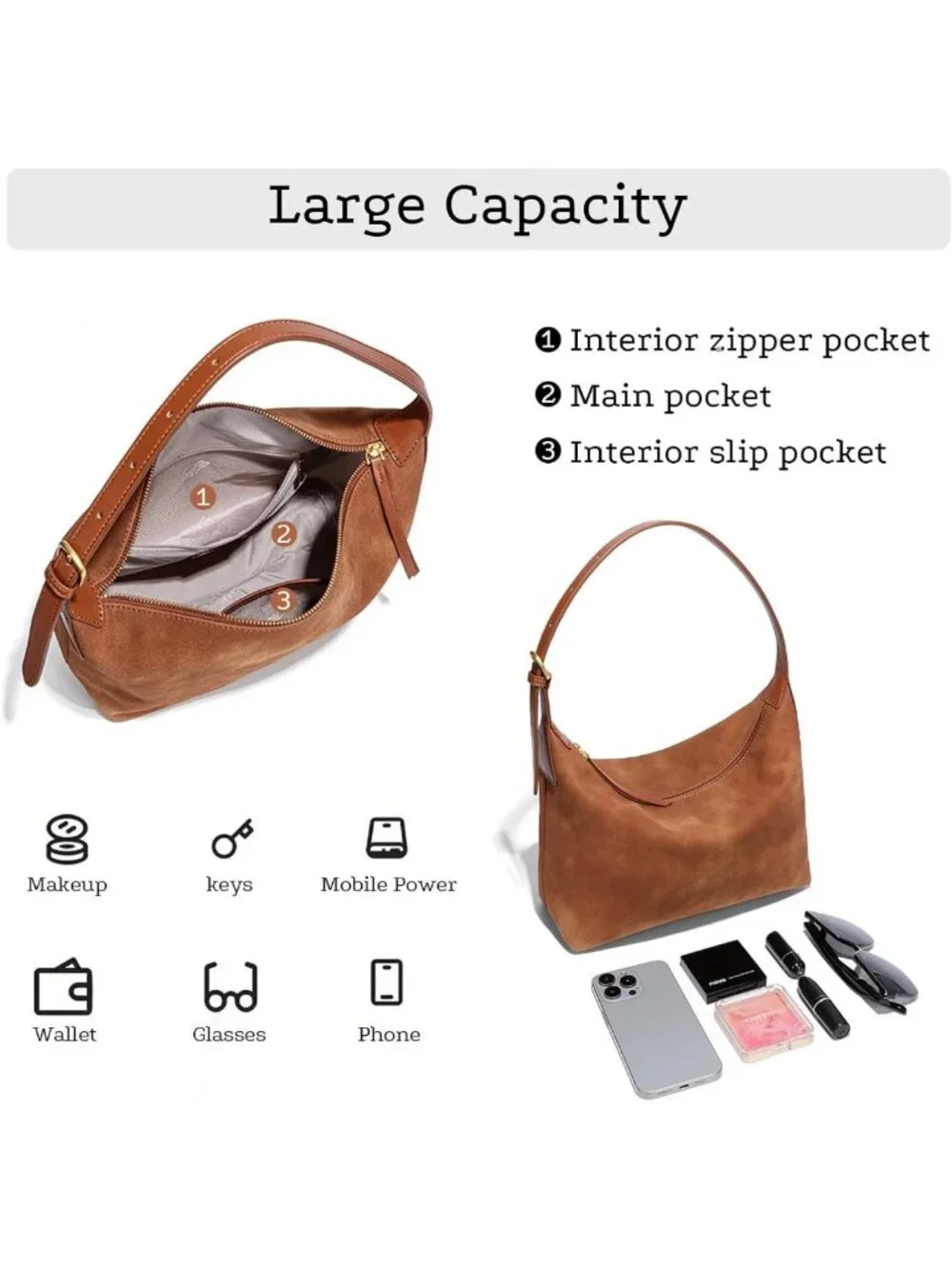 Vintage Suede Hobo Bag for Women | Lightweight Crossbody Purse with 2 Straps